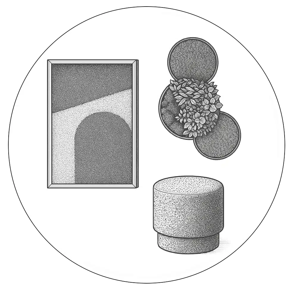 Lucrare de artă geometrică cu forme abstracte și frunze