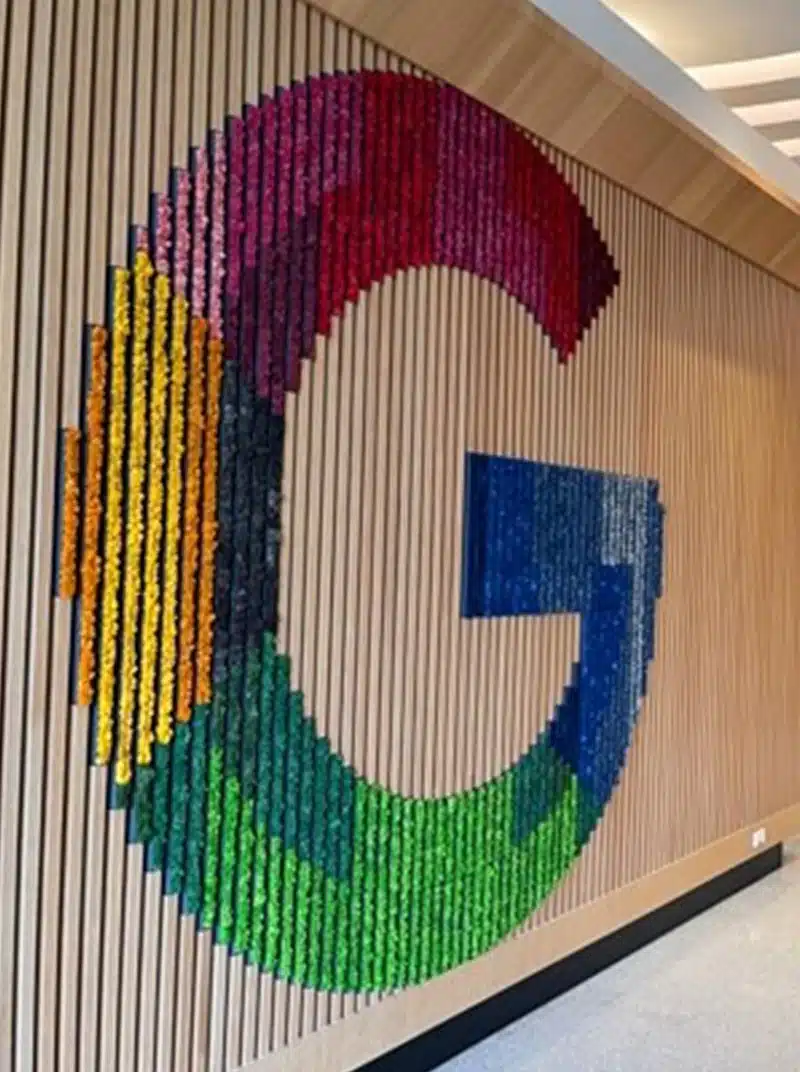 Logo-ul Google colorat pe un perete din lamele de lemn.
