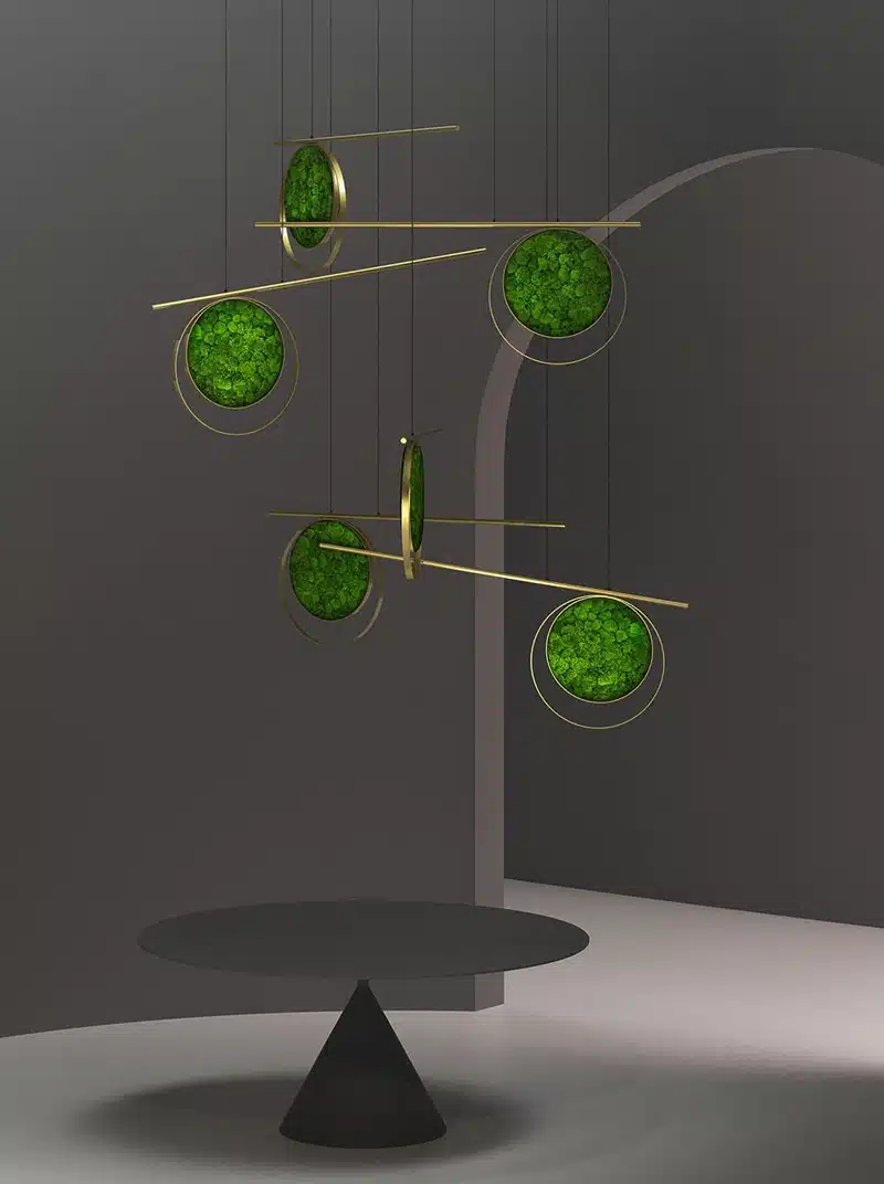 Modern pendant lights with green moss design.