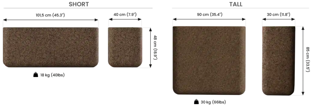 Three brown rectangular objects with varying dimensions.