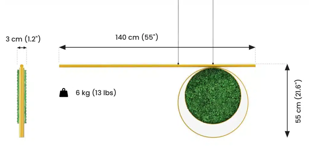 Hanging lamp dimensions: 140cm by 55cm, weighs 6kg.