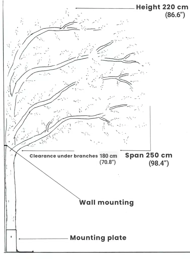 Tree structure diagram with measurements and mounting details.